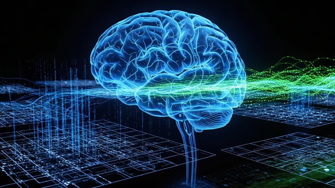 A Stunning Visual Representation of a Brain Interacting with Digital Data, Highlighting the Intricate Connection Between Neurology and Technology in a Futuristic Setting