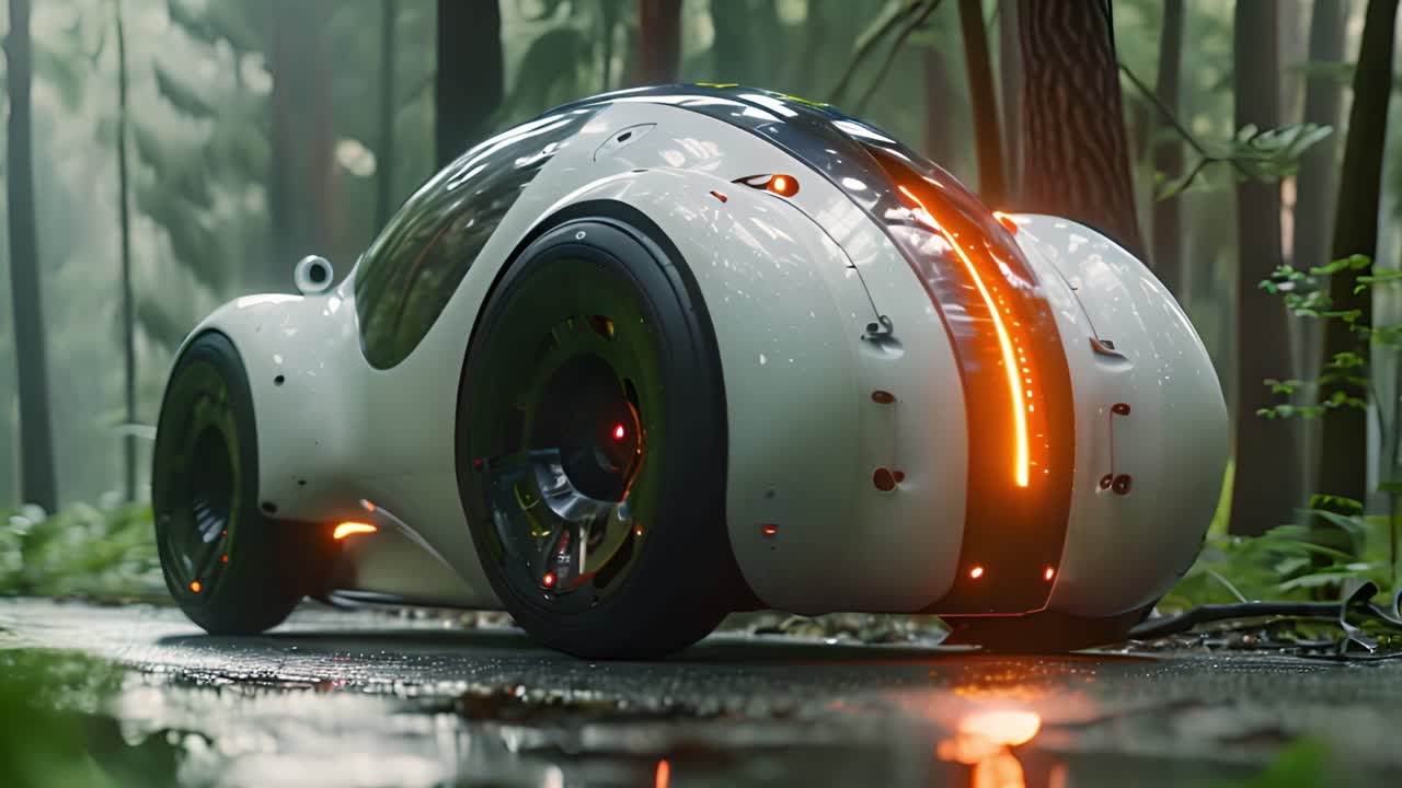Futuristic Concept Car on a Forest Road