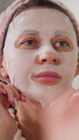 una mujer se relaja haciendo tratamientos de belleza usando una máscara facial. una mujer bonita con manicura en bata de baño se pone una mascarilla facial de pie en el baño en cámara lenta
