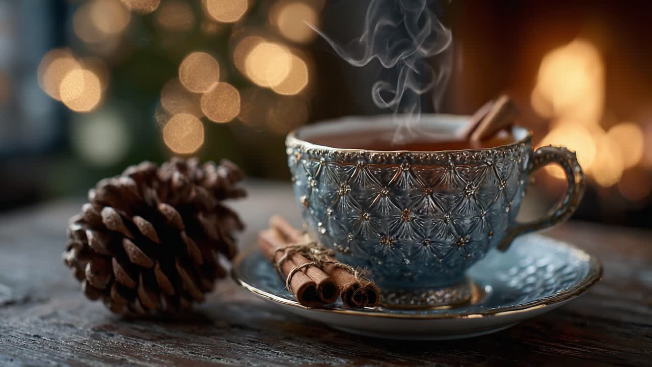 A Cozy Moment: Steaming Cup of Tea Surrounded by Pinecones and Soft, Glowing Lights, Perfect for a Warm Winter Evening by the Fireplace