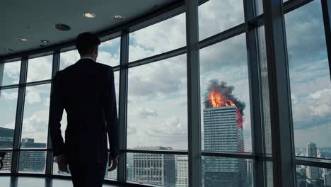 man watches burning skyscraper