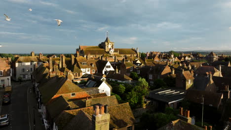 birds flying over the town of rye with st mary's church in east sussex, england. - aerial shot