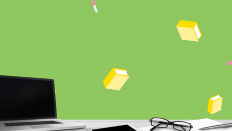 animación de computadora portátil, gafas y libros sobre fondo verde