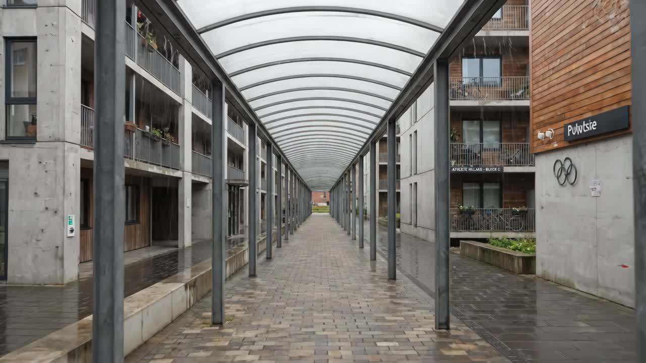 Lunga passerella coperta tra moderni condomini