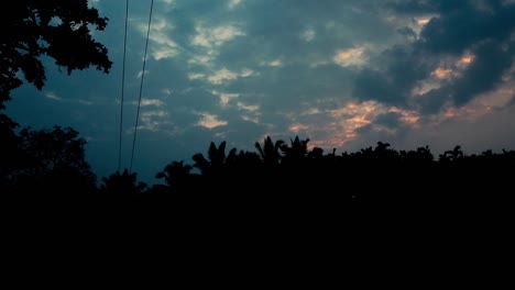 Blue-cloudy-sky-in-the-evening-with-silhouettes-of-tropical-trees-in-the-front,-sky-background