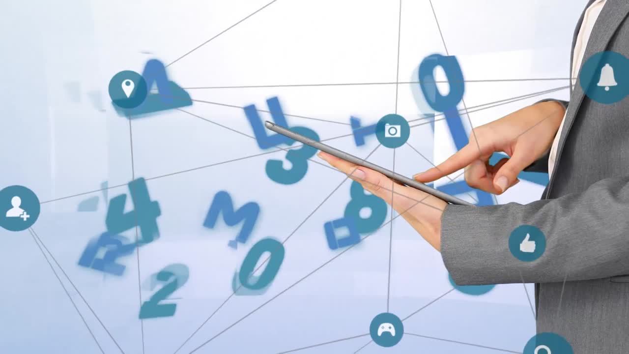 태블릿을 사용하는 백인 남자의 손을 통해 변하는 숫자의 애니메이션