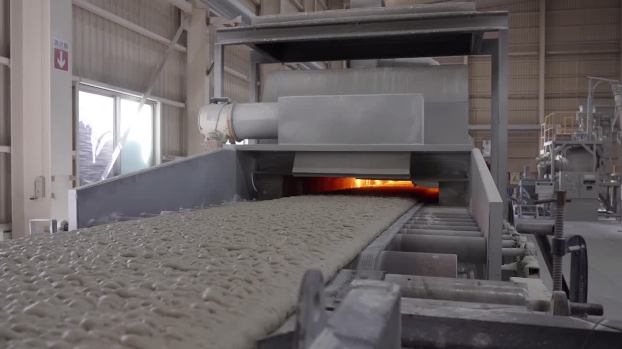 New stone plate are transported on conveyors.. The process of converting glass into a stone-like material.