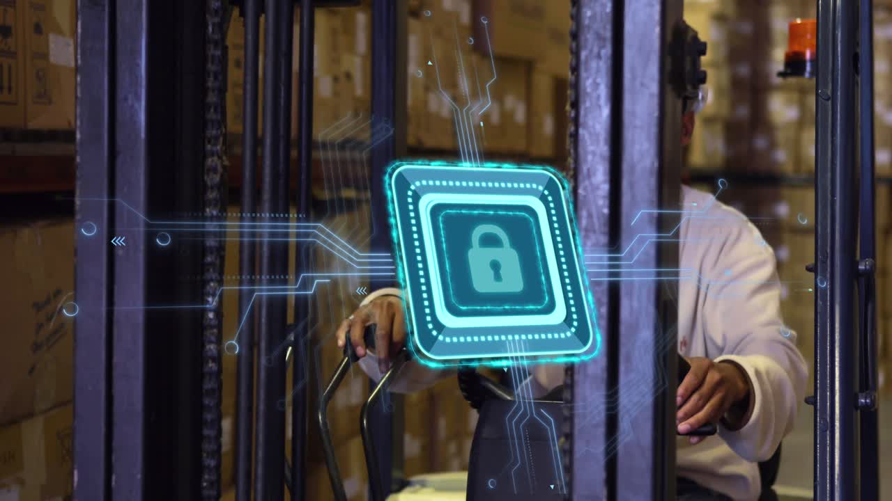 Animation of padlock icon over african american male worker using turret truck in warehouse