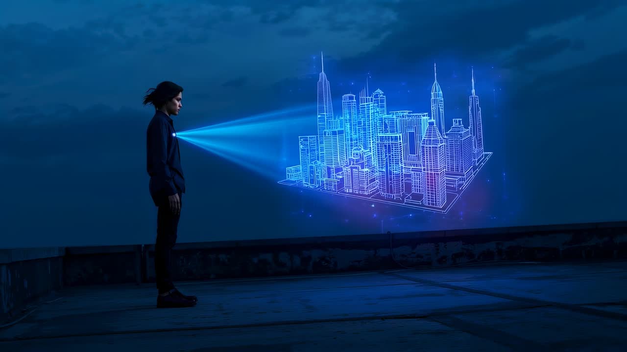 Emitting chest beam, dark-jacketed man projecting 3D city, studying model on rooftop, copy space