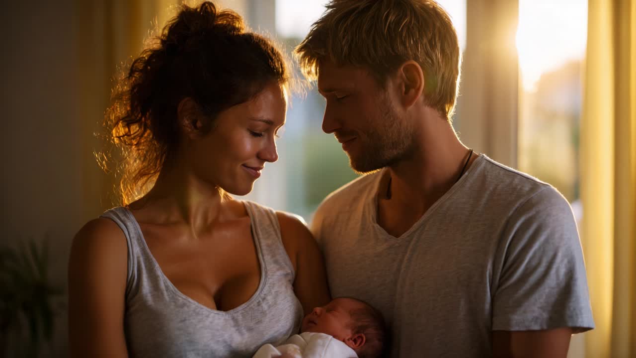 A Joyous Moment of New Parenthood: A Loving Couple Cradles Their Newborn Baby in a Soft, Cozy Light, Capturing the Essence of Family Love and Connection in the Comfort of Their Home