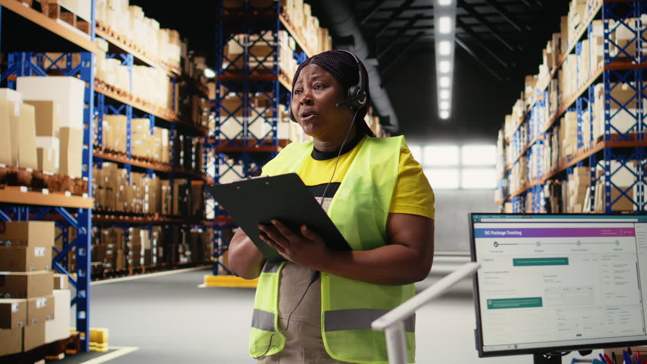 Vertical Video Black customer service worker speaks with clients about cargo issues