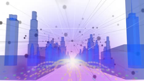 multiple dots and lines against 3d city model on white background