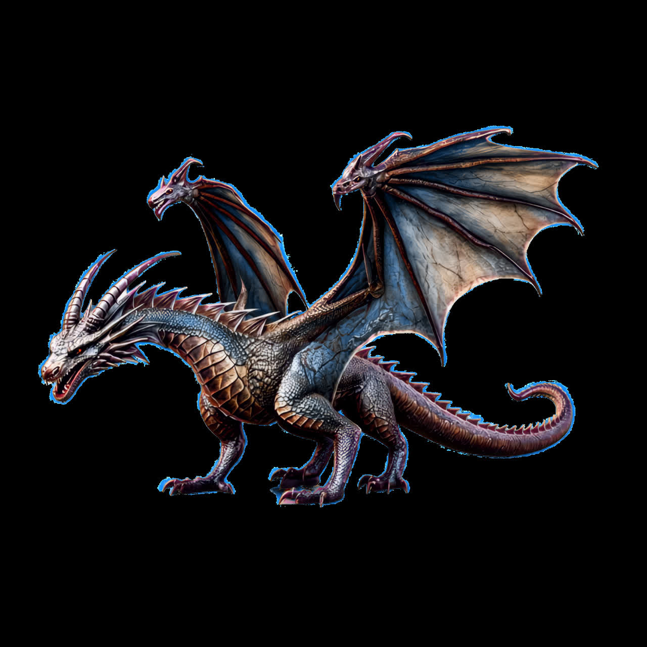 Mythical two-headed dragon illustration animation isolated asset, transparent 4K video, alpha