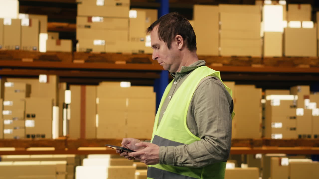 Warehouse worker overseeing pallets details on tablet in busy distribution hub