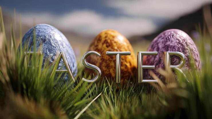Golden letters spell EASTER, resting in soft grass. Three colorful eggs glow beside the text. Sunlight bathes the scene with warm, festive light. Background hills blur softly, emphasizing Easter joy