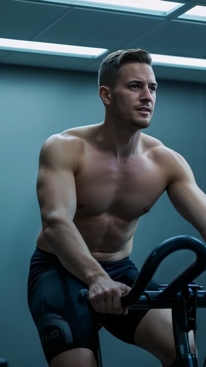 Video verticale: Inizio, uomo a torso nudo che pedala in palestra su una bici indossando pantaloncini e ginocchiera per fare cardio