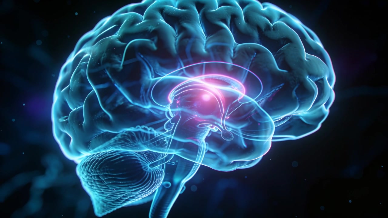 Pulsing 3D brain rotating in dark void, pink glow activating rings, cerebellum visible
