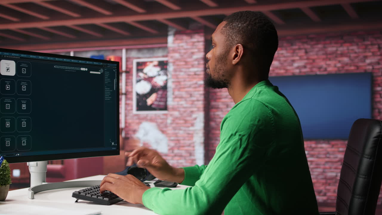 Vertical Video Black graphic designer working in loft with AI image generator