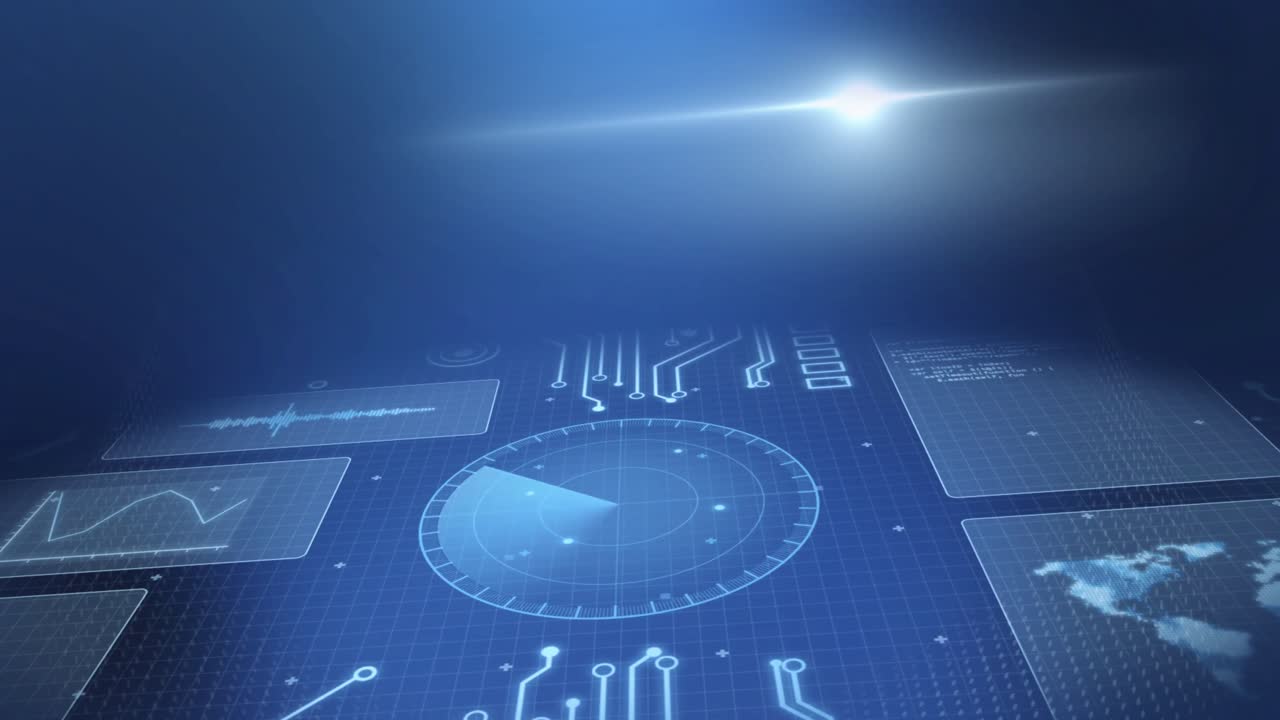 Animation of statistics recording and scope scanning on screens over blue background