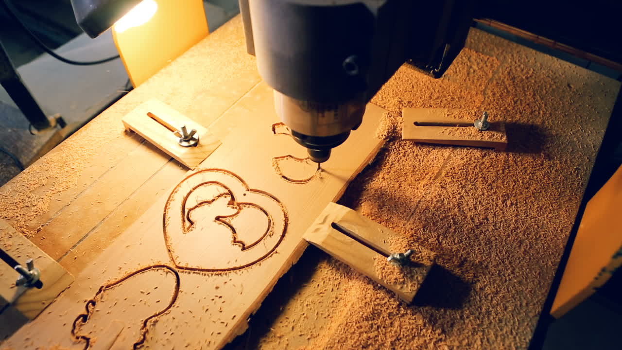Cnc Drill Is Drilling On The Wooden Plank. In the woodworkers shop the cnc drill is drilling on the wooden plank