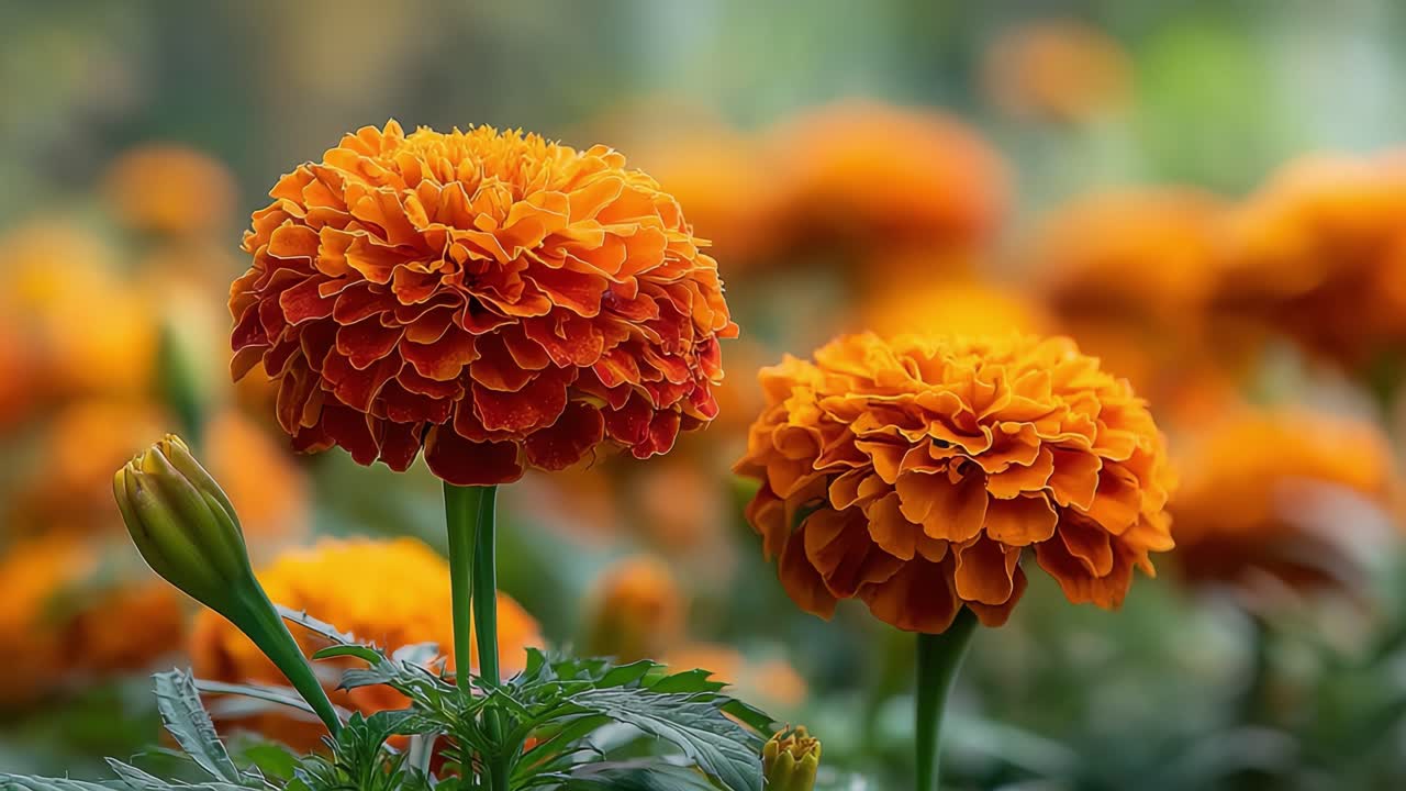 Splendide fioriture di calendula in un giardino vibrante, che mostrano i loro lussureggianti petali arancioni e il ricco fogliame verde, catturando l'essenza della bellezza e della crescita della natura.