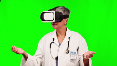 doctor, woman and vr glasses by green screen