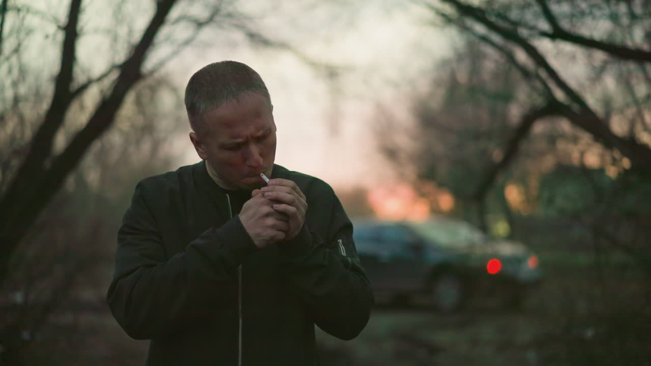 A man in a green jacket lights a cigarette at dusk in a dimly lit forest, the background features a blurred car with its headlights on