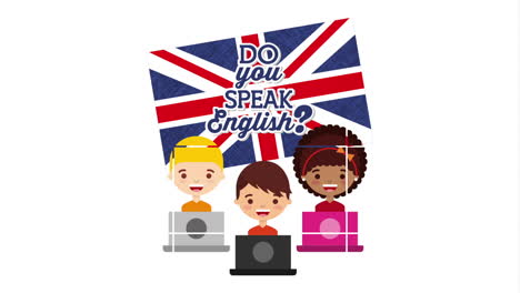 students with laptops and british flag learn english animation