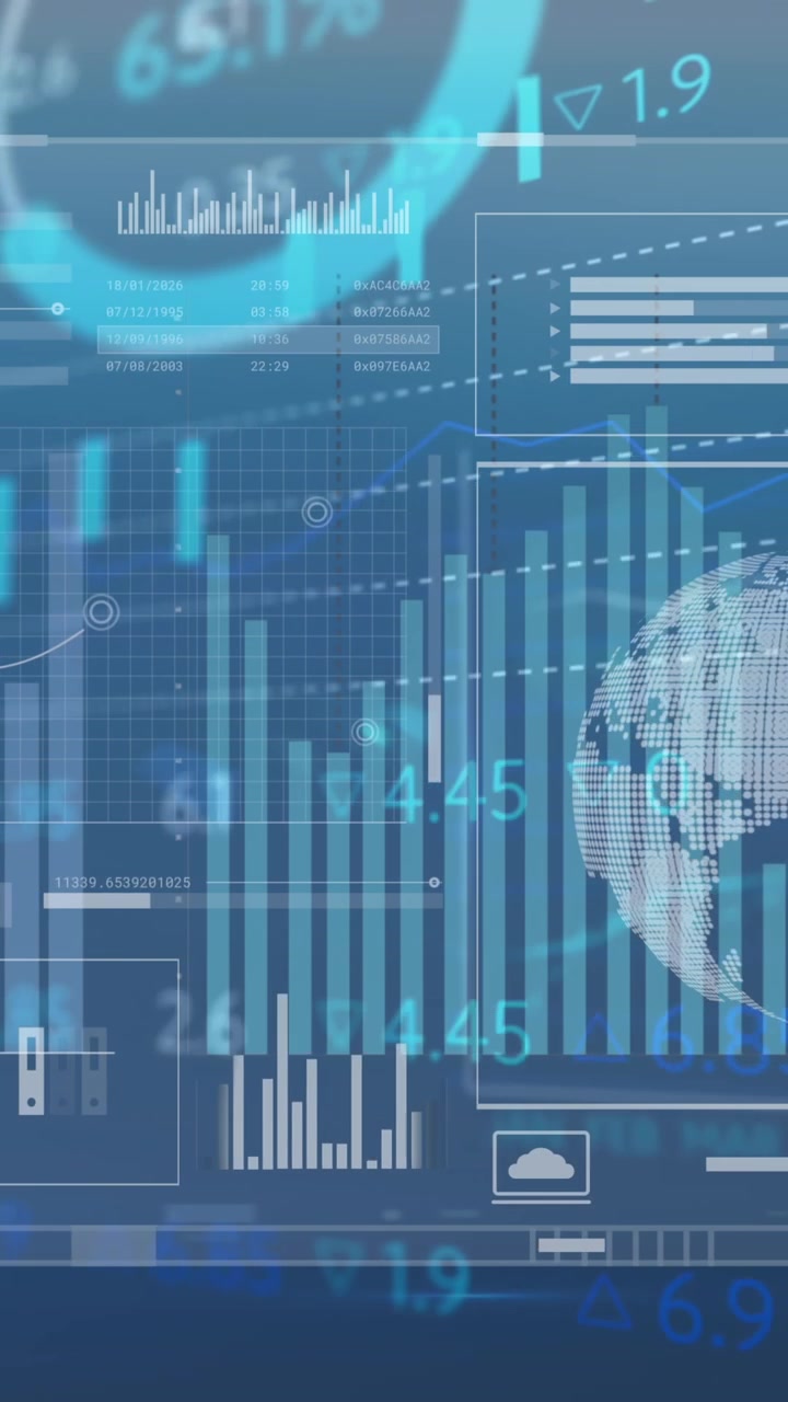 Animation of interface with statistical and stock market data processing against blue background