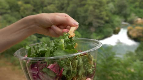 toma de cámara de primer plano de un almuerzo saludable en el parque de cascadas