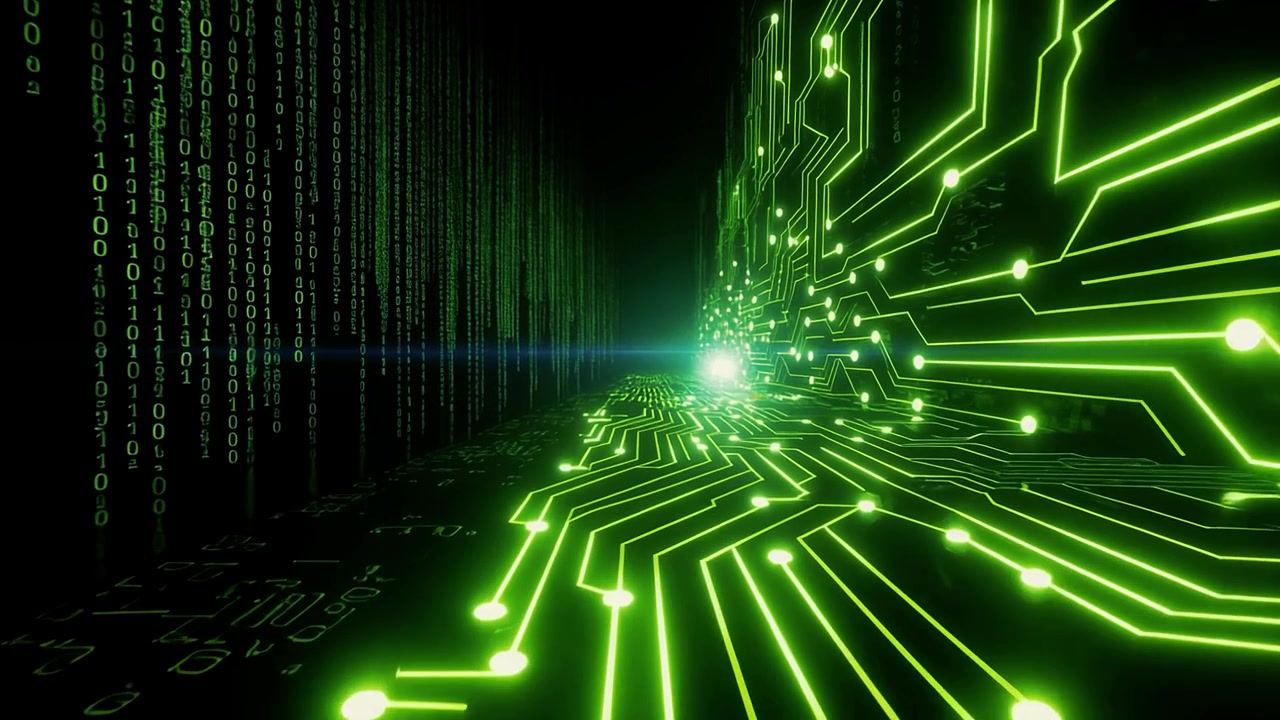 Abstract Green Circuit Board with Binary Code and Data Flow