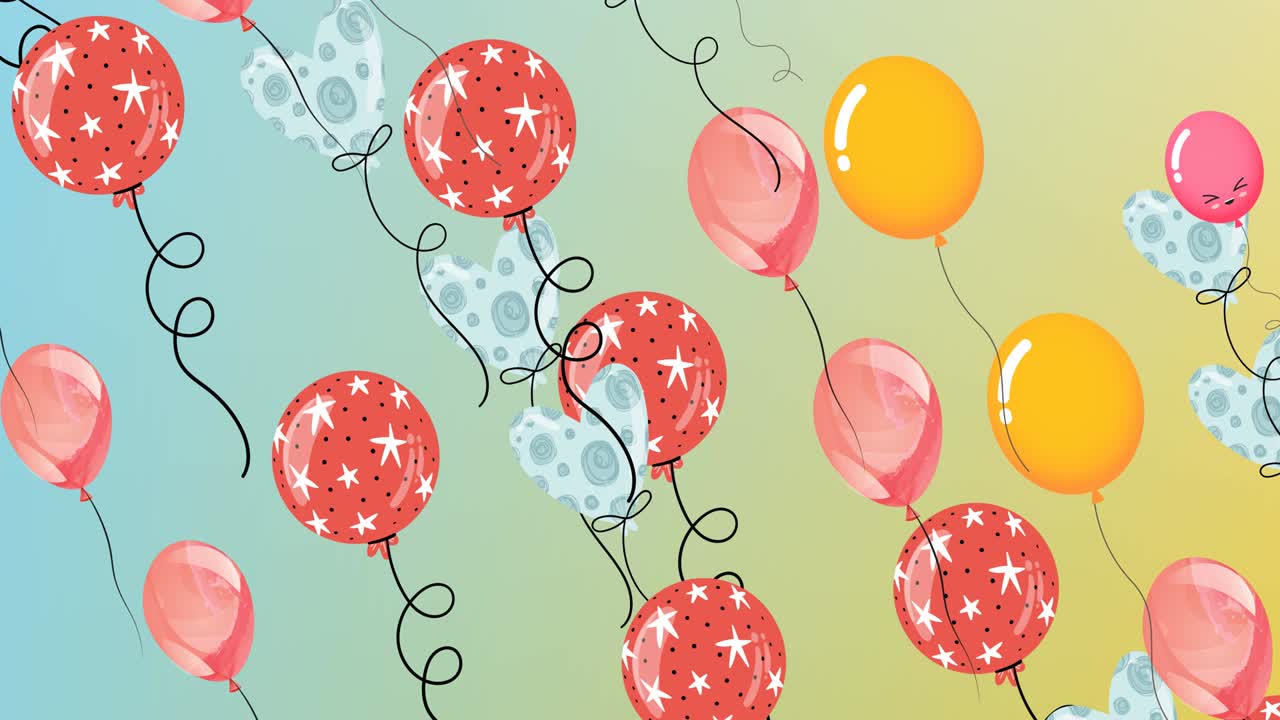 animación de globos de colores que vuelan sobre un fondo azul a amarillo