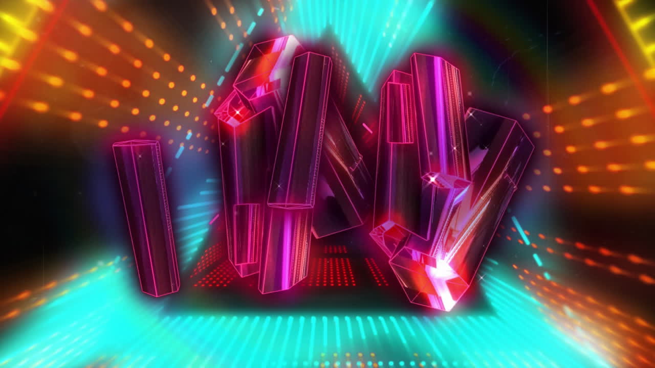 Animation of glowing pink blocks spinning over neon shapes moving on black background