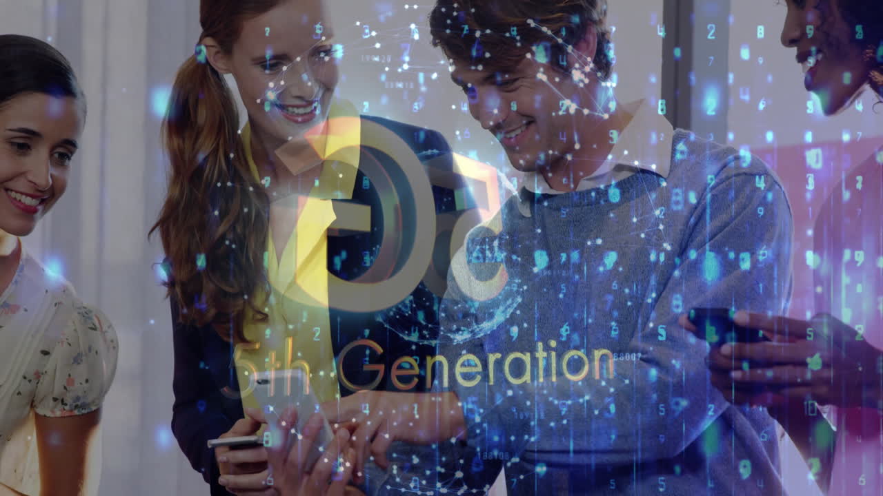 Smiling group of people using smartphones with 6th generation technology animation