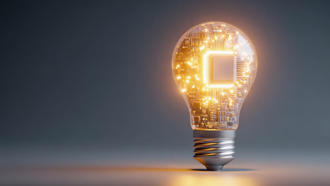 Una lampadina innovativa che mostra tecnologia avanzata, con un circuito stampato luminoso all'interno, evidenziando la fusione di illuminazione ed elettronica moderna
