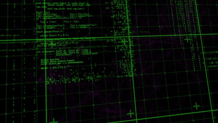 Opening purple grid, code columns animating, scanline sweeping, plus markers popping, code filling