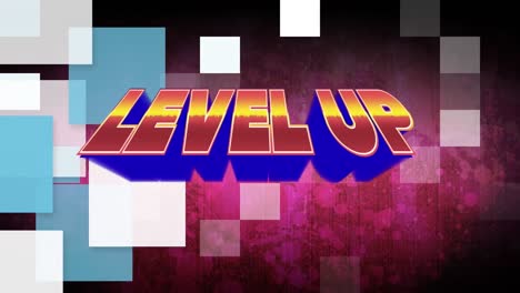 Animation-of-level-up-text-in-red-and-blue-letters-over-squares