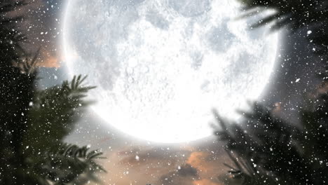 snow falling over trees on winter landscape against moon in night sky