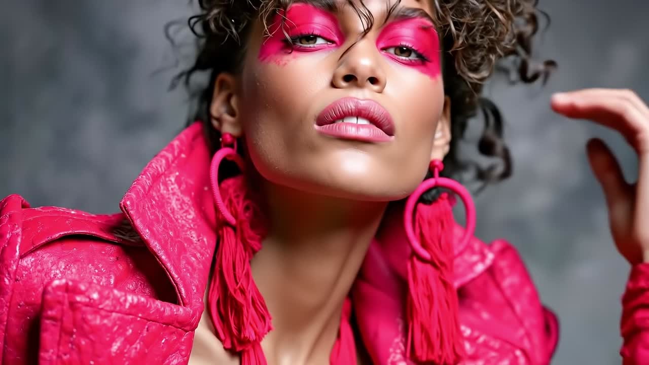 A woman in a pink jacket with pink makeup and pink lipstick