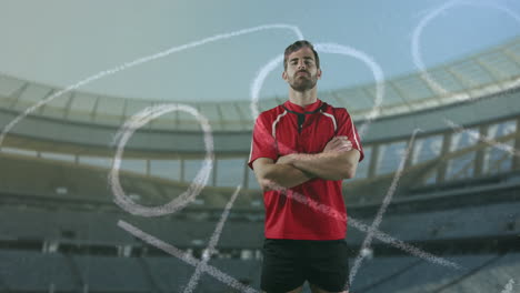 jugador de rugby profesional de pie frente a un estadio deportivo 4k