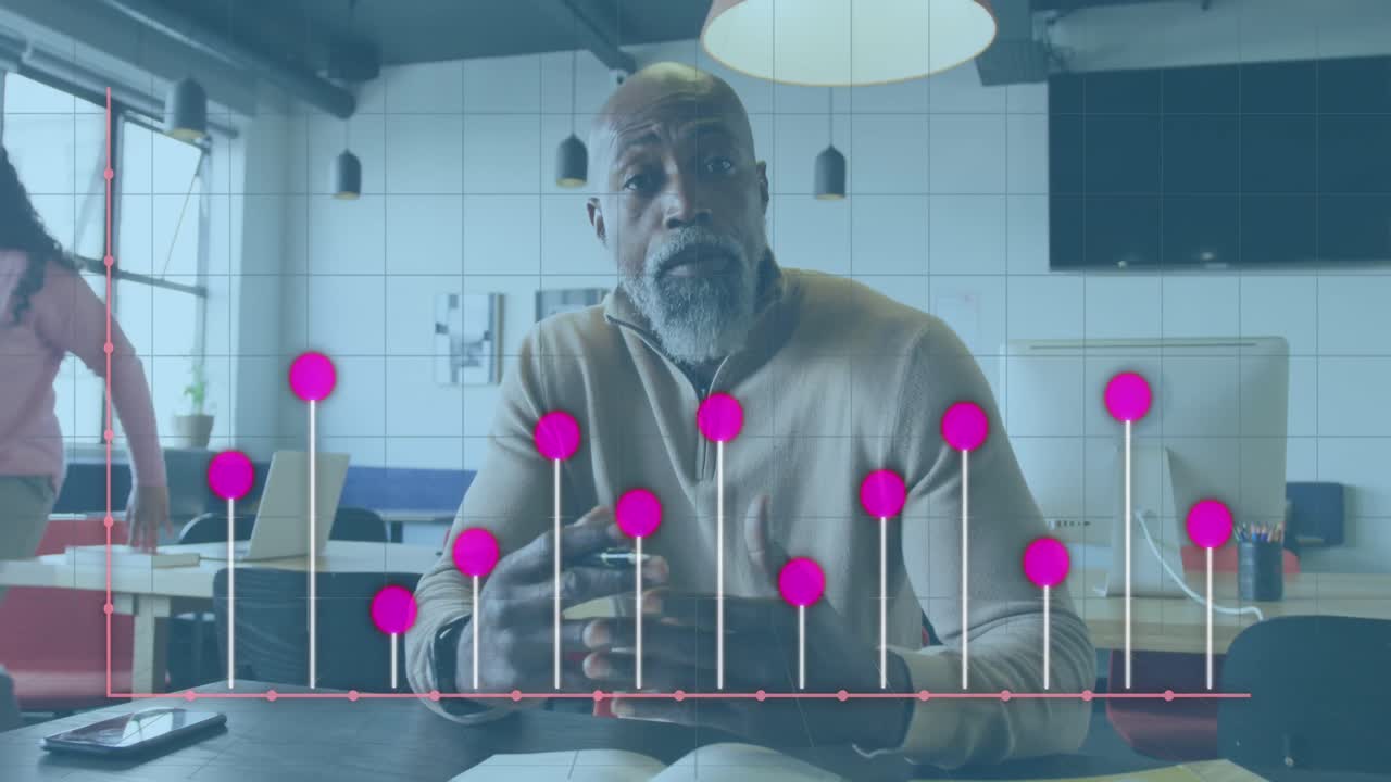 Animation of financial data processing over diverse business people working at office