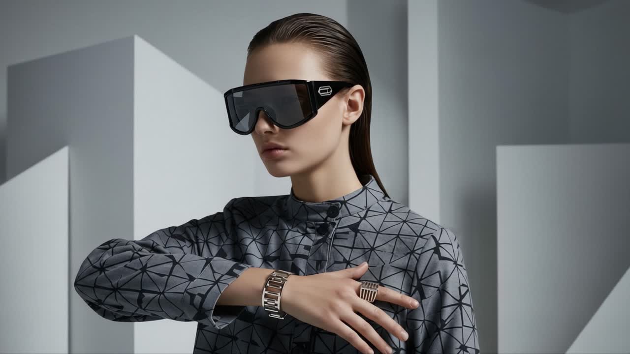 A Futuristic Fashion Statement: A Model Showcasing Stylish Sunglasses, Geometric Patterns, and Sleek Accessories in an Artistic Studio Environment