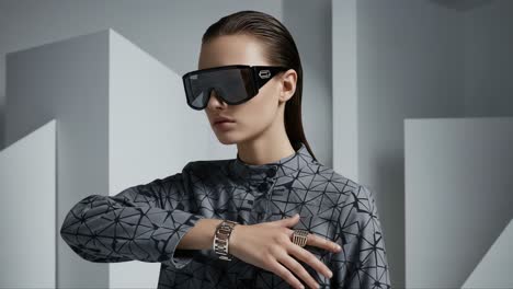 a futuristic fashion statement: a model showcasing stylish sunglasses, geometric patterns, and sleek accessories in an artistic studio environment