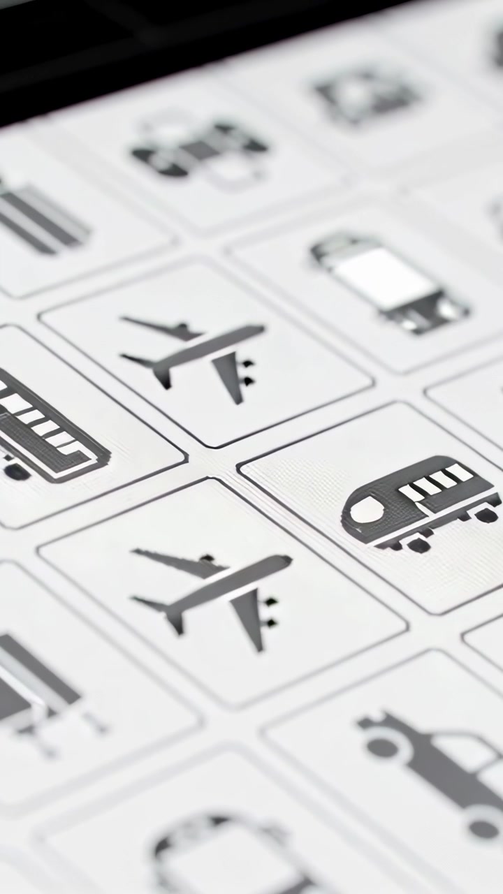 Vertical video: Gliding camera showing grayscale airplane icon on sheet at desk, with bus train