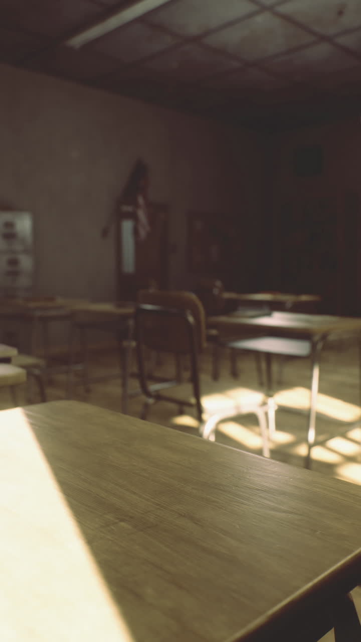 Sunlight streams through empty classroom highlighting wooden desks and chairs