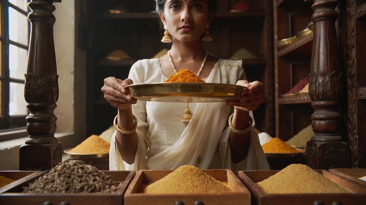 Shaping spice mound, woman in white sari wearing gold jewelry offering brass tray at spice shop