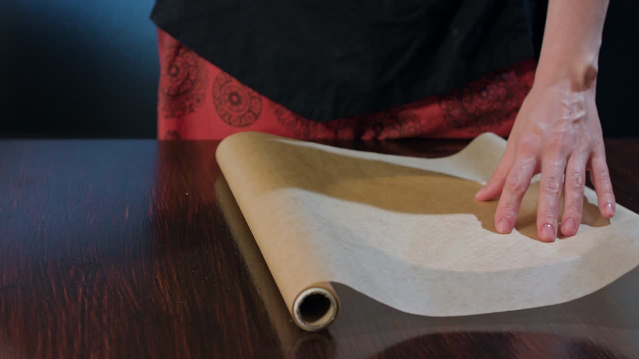 cocinero cortando una sección de papel de hornear con tijeras