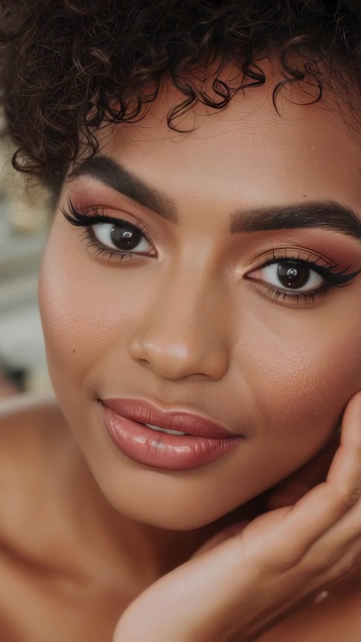 Vertical video: Smiling model on cue, posing in studio, blinking, showing right hand and makeup