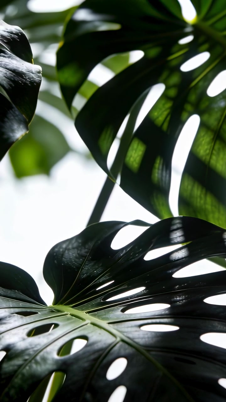 Video verticale: Foglie di Monstera che ondeggiano reagendo alla luce vicino a una finestra, mostrando venature lucide e fori.