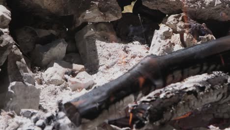 smoldering logs in a fireplace, with glowing embers and small flames visible amid ash and charred wood